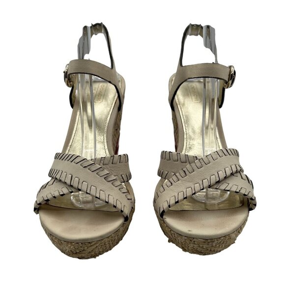 Coach Justeen 9.5 Butterfly Floral Design Woven Espadrille Wedge Leather Sandals - Picture 3 of 16